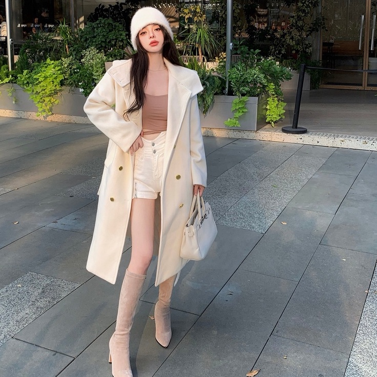 Áo khoác mangto dáng dài dạ cao cổ YIMI cúc vàng thời trang thu đông