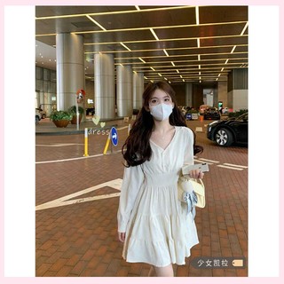 Váy babydoll Đầm Cổ Chữ V Tay Dài Ôm Eo Phong Cách Thu Đông Pháp Cổ Điển Kiểu Mới Cho Nữ