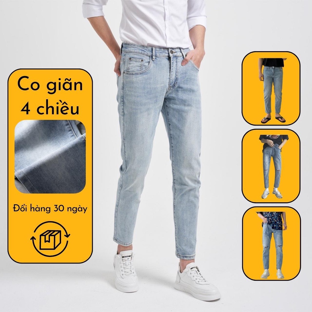 Quần Jean Nam Xanh Trơn Vải Co Giãn Không Phai Màu Dáng Skinny Phong Cách Hàn Quốc