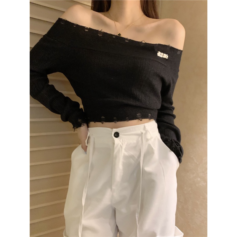 Áo dệt kim tay dài hở vai thời trang Hàn Quốc độc đáo dành cho nữ