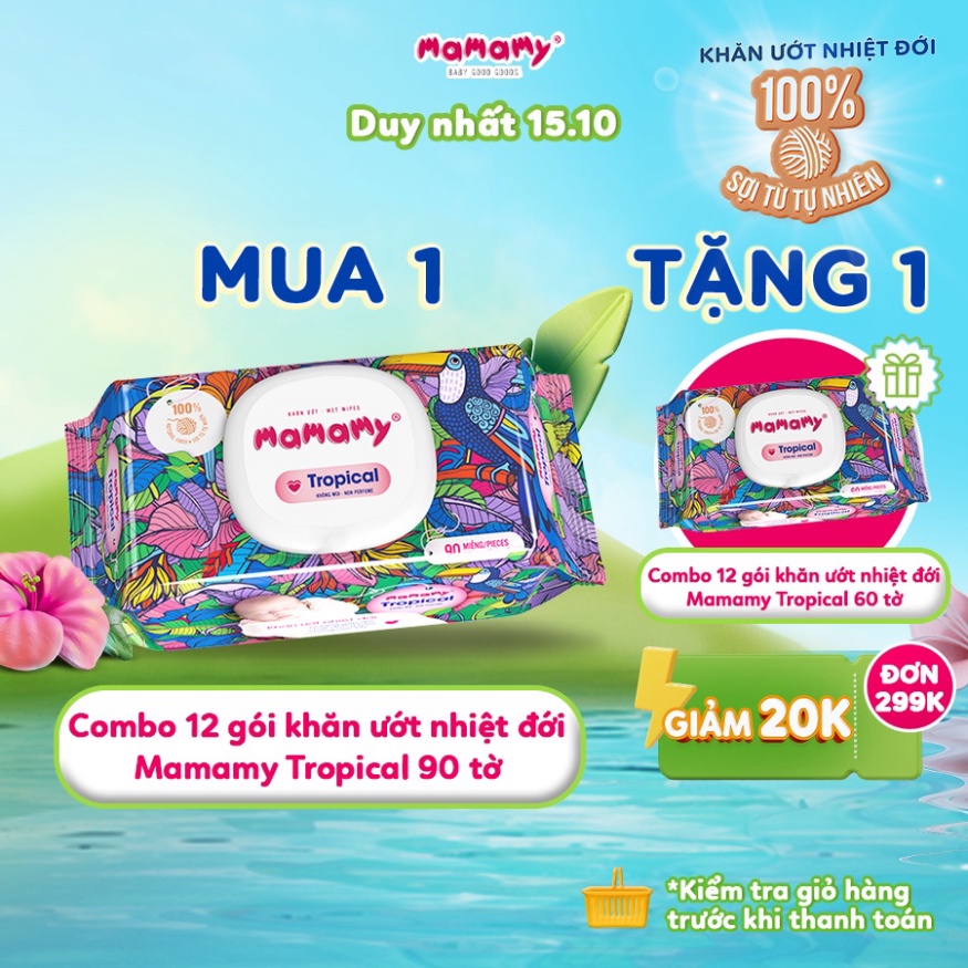 Khăn ướt Mamamy Tropical Premium tinh dầu cúc vạn thọ/ không mùi - Combo 12 gói có nắp 90 tờ