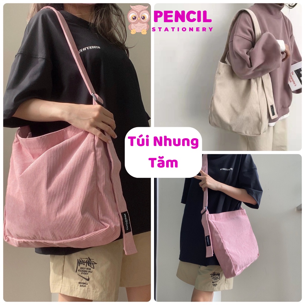 Túi Tote Đeo Chéo Nhung Tăm Trơn Đen Nâu Kem, Túi Xách Siu To Để Được Lap Unisex Cỡ Lớn Thời Trang Hàn Quốc Cho Học Sinh