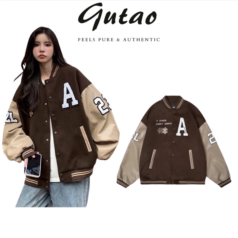 Áo khoác bomber jacket varsity nam nữ màu nâu thêu chữ A chất dạ cao cấp phối tay da 2 lớp- GUTAO