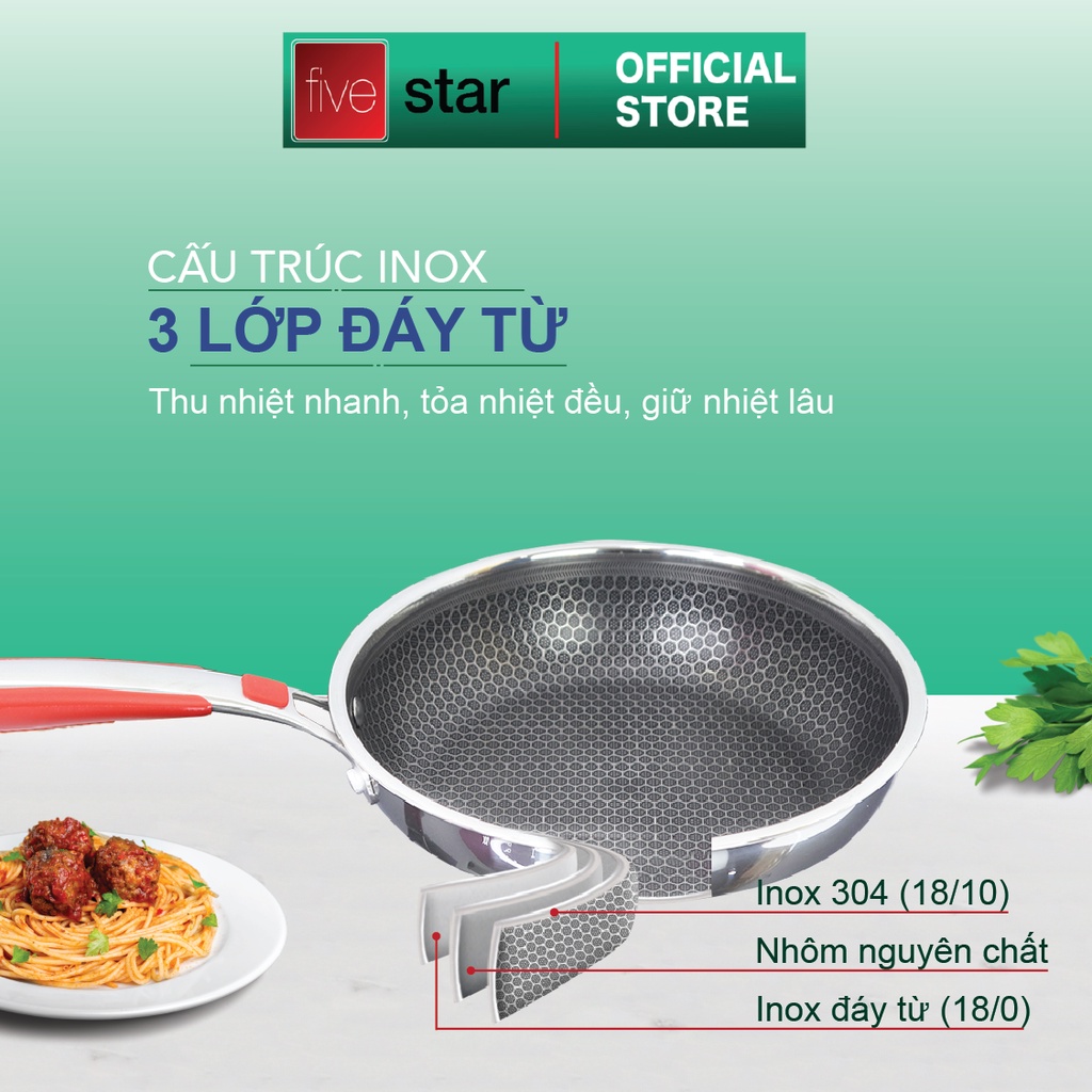 Chảo sâu lòng 3 lớp đáy liền inox 304 bếp từ tổ ong BlackCube Fivestar 24cm quai bọc silicon chống nóng, chống trầy xước