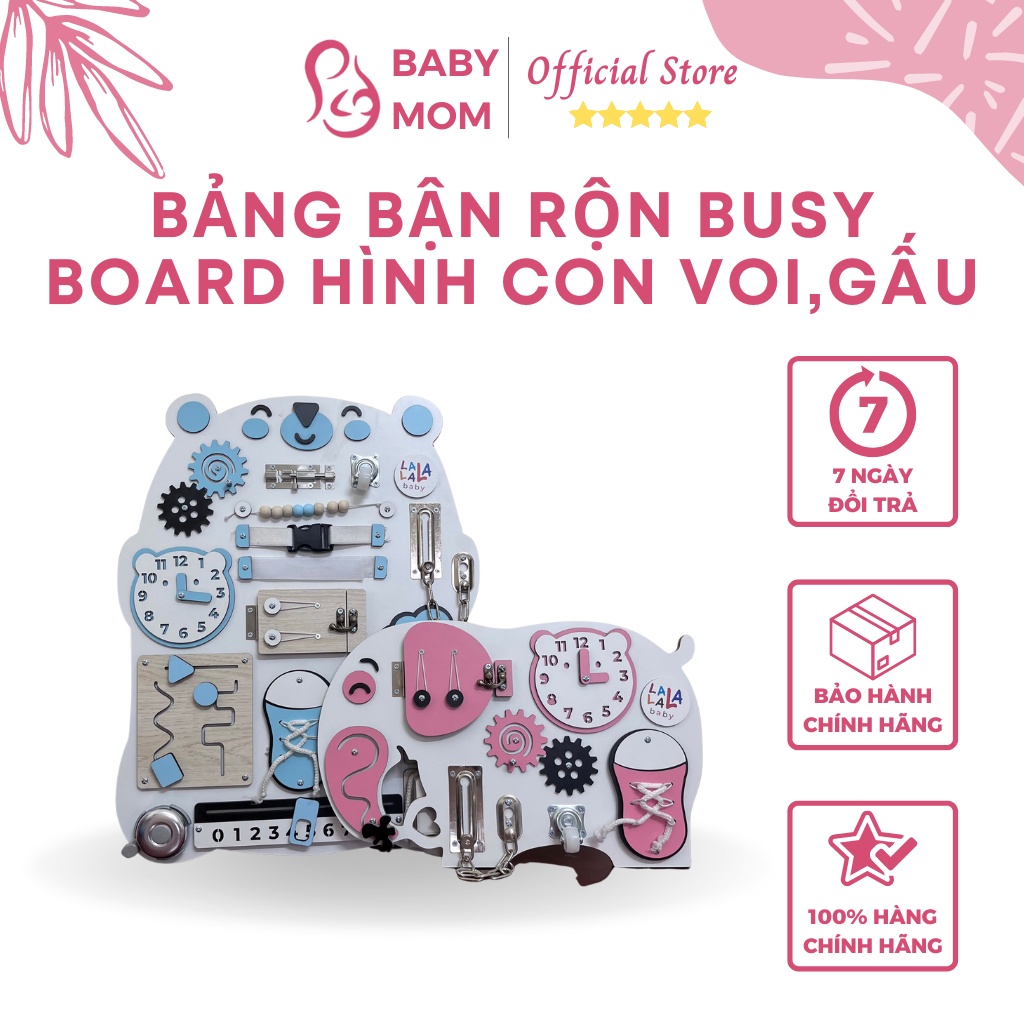 Bảng bận rộn Busy Board hình con Voi, Gấu hai màu xanh hồng giúp phát triển kỹ năng sống cho bé lớn chút