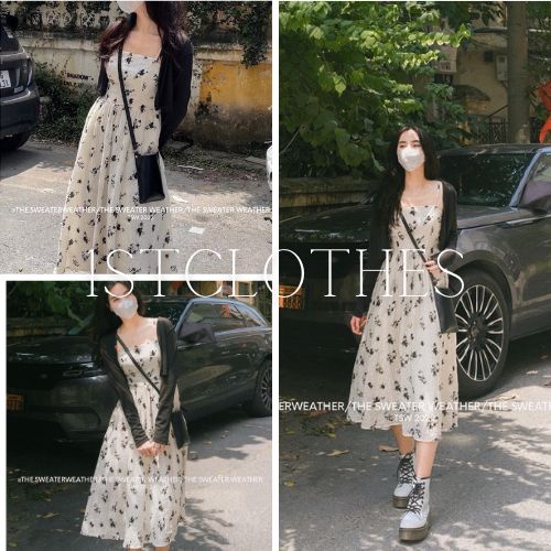 Set váy tiểu thư váy 2 dây hoa nhí kèm áo cardigan croptop  Set váy dáng xuông che khuyết điểm 1SCLOTHES