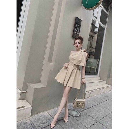 (FreeShip 2022) Đầm nữ lệch vai dáng xòe,thiết kế cột nơ che khuyết điểm,tone màu tôn da, đi chơi hay đi tiệc đều xinh