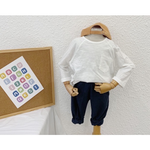 Áo phông dài tay cotton cho bé trai, bé gái trơn phối túi 6 màu basic