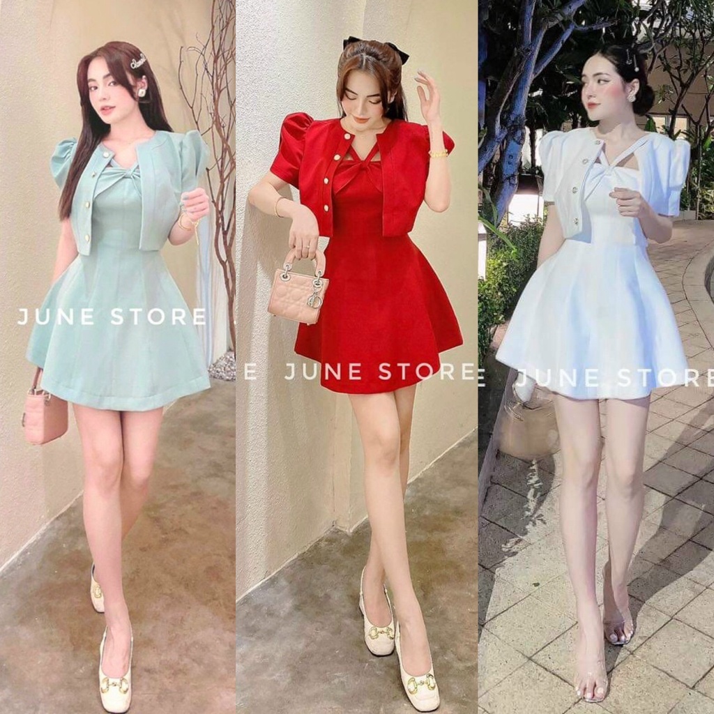 Sét Đầm Váy Nữ Dáng Xoè Cổ Chéo ( Có Mút Ngực ) Kèm Áo Khoác Ngoài Thiết Kế Sang Chảnh Đi Làm Công Sở, Dạ Hội Và Du Lịch