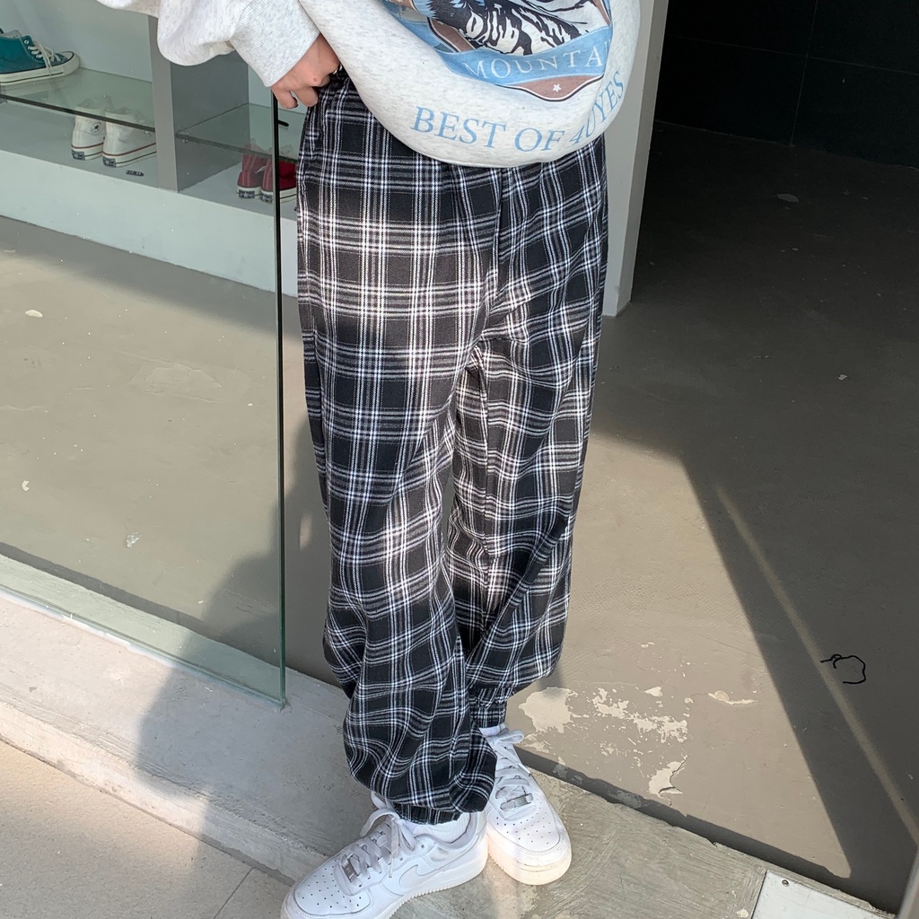 SUXI Quần Dài Lưng Cao Dáng Rộng Họa Tiết Sọc Caro Thời Trang Thu Đông Cho Nữ