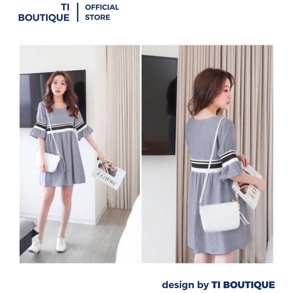 Đầm Váy Nữ Màu Xám Phối Bo Thun Phong Cách Năng Động Trẻ Trung, Váy Nữ Dạo Phố Cổ Tròn Tay Lỡ Babydoll