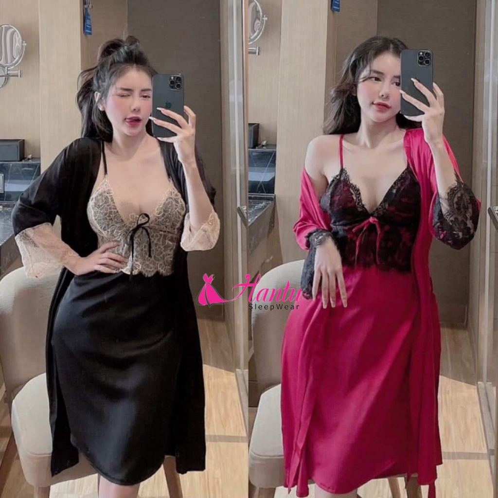 Set áo choàng kèm váy ngủ lụa phối ren mi Hantu Sleepwear nhiều màu đủ size 40-100kg