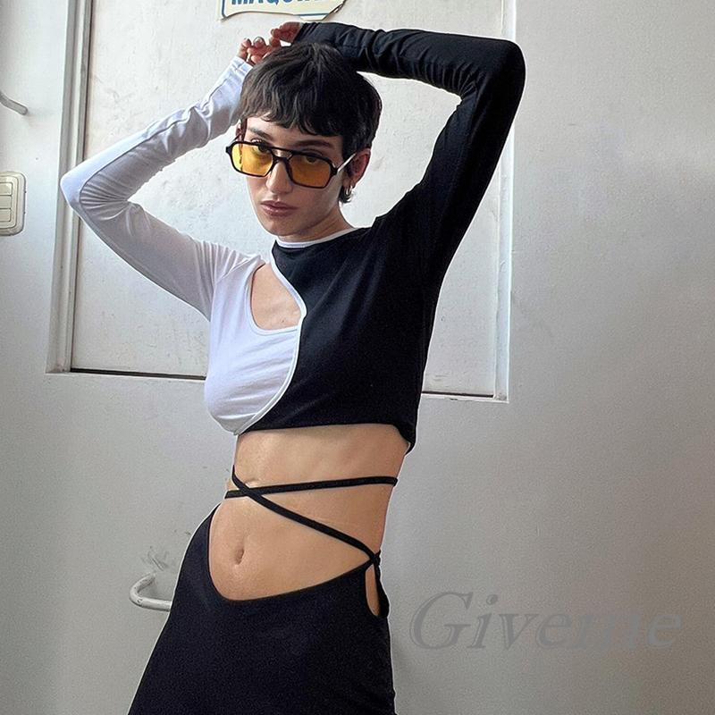 Áo Thun Lửng Tay Dài Cổ Tròn Màu Sắc Tương Phản Thời Trang Cho Nữ