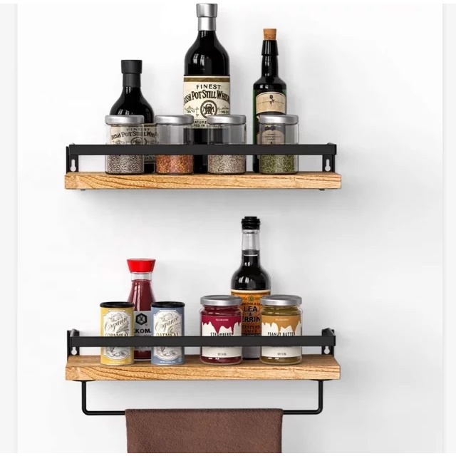 Kệ để đồ nhà bếp, giá đựng gia vị dán tường kèm thanh treo khăn mặt bằng thép và gỗ chịu nước sang t