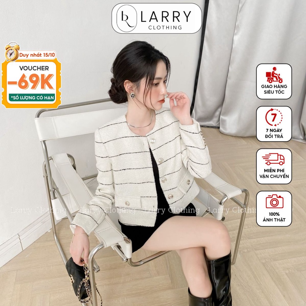 Áo dạ tweed nữ thiết kế tay dài kẻ ngang cúc to kim loại có túi hộp sang chảnh thời trang thiết kế Larry Clothing A755