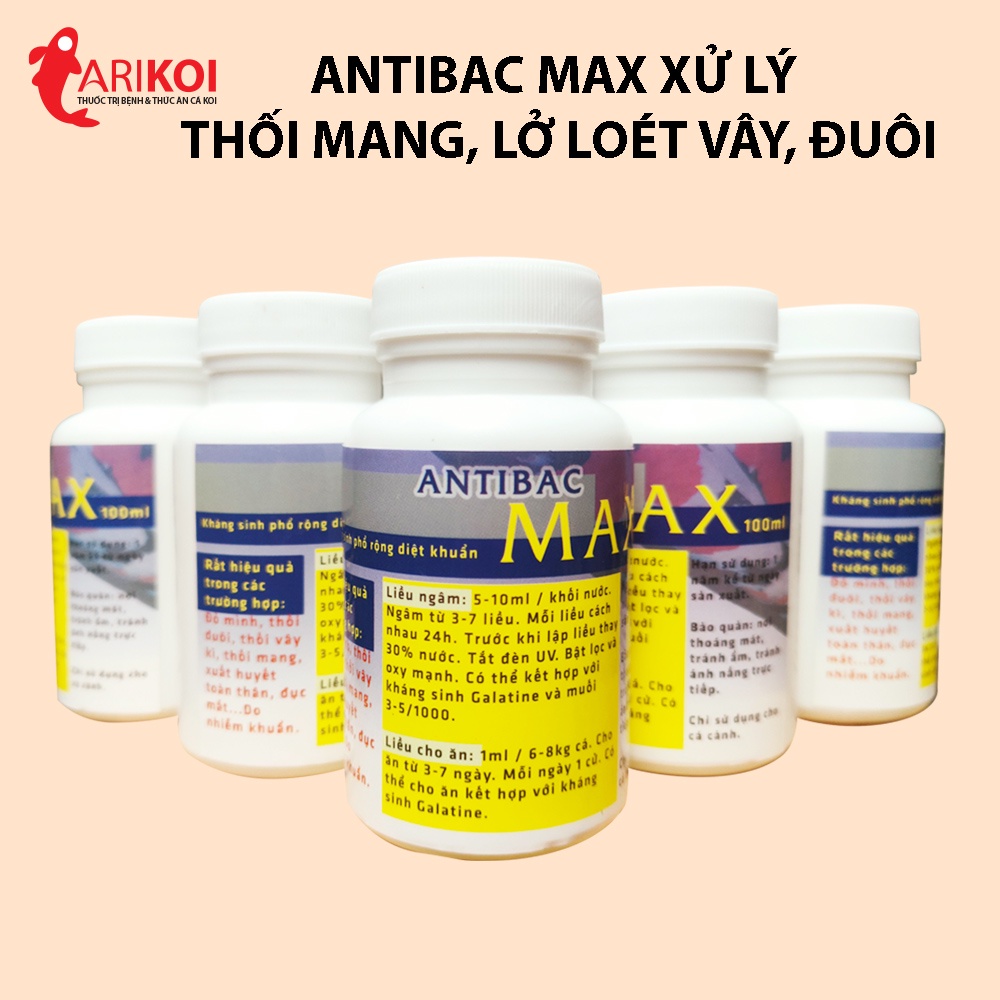Antibac Max Dung dịch xử lý thối mang, lở loét vây, đuôi ở cá Koi, đục mắt, diệt khuẩn cho cá Rồng và các loại cá cảnh