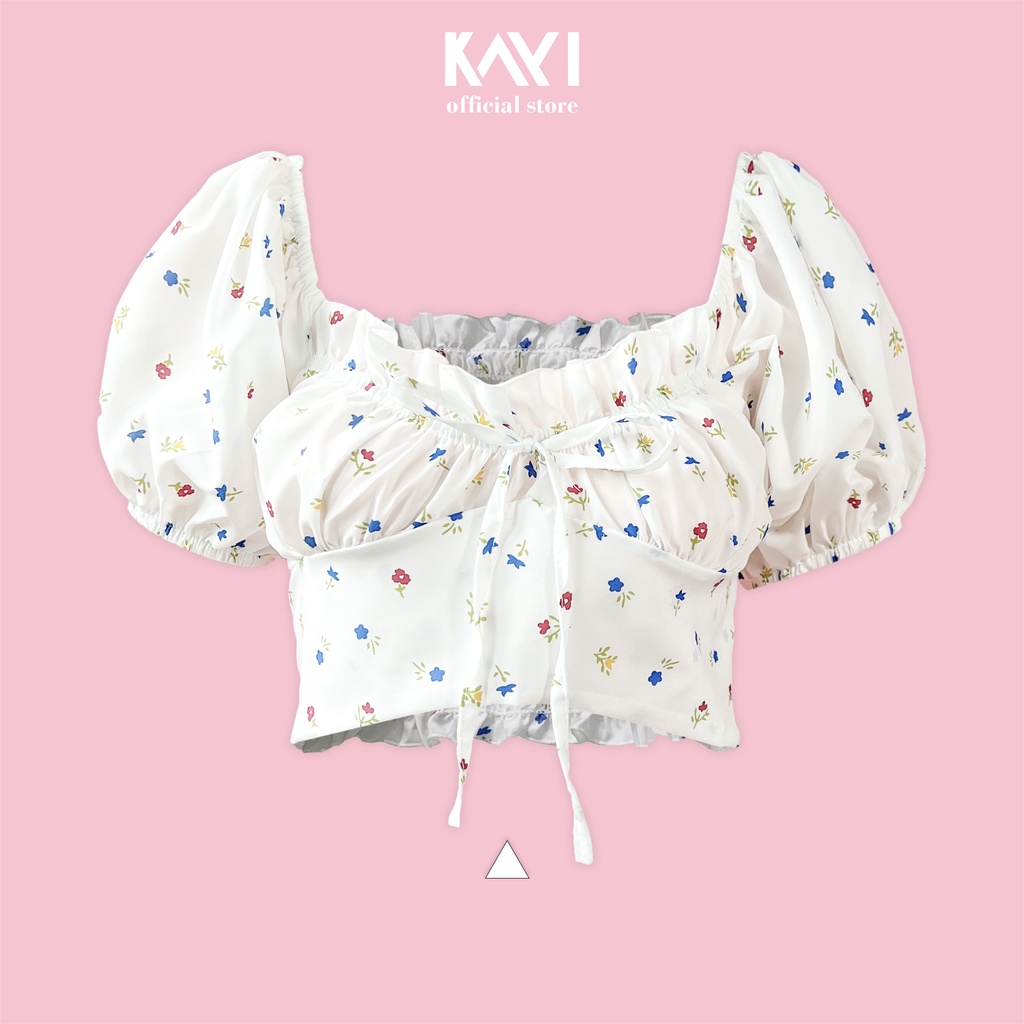 Áo croptop tay ngắn phồng KAYI HOUSE họa tiết in hoa nhí A407