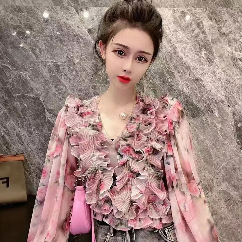 Áo Sơ Mi chiffon Tay Dài Cổ Chữ v Xếp Ly In Họa Tiết Hoa Phong Cách Hàn Quốc Cho Nữ