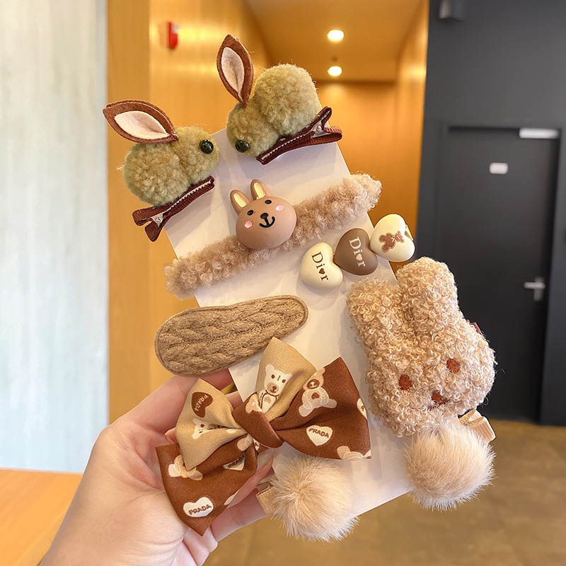 Set 9 Kẹp Tóc Phủ Lông Họa Tiết Hoạt Hình Dễ Thương Cho Bé Gái