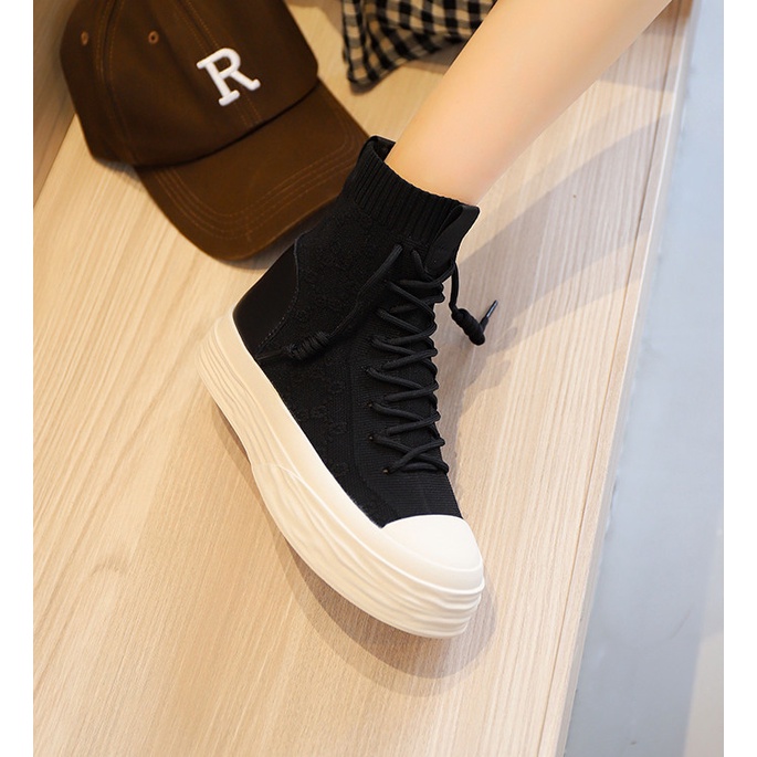 Giày sneaker cổ cao nữ vải len tăm cao cấp đế sóng tăng chiều cao 2022