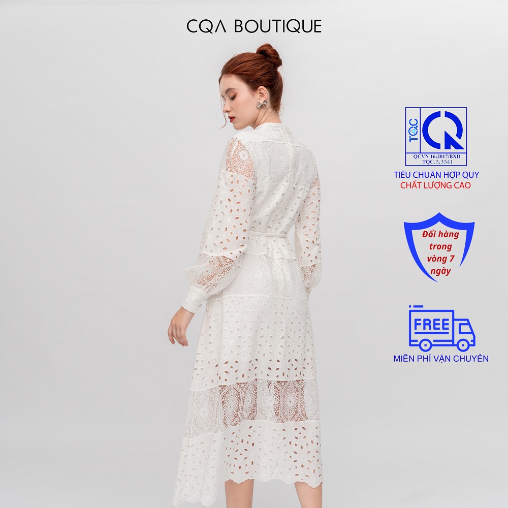 Đầm Ren Trắng Tiểu Thư Tay Dài Cao Cấp thương hiệu CQA BOUTIQUE CQA00109