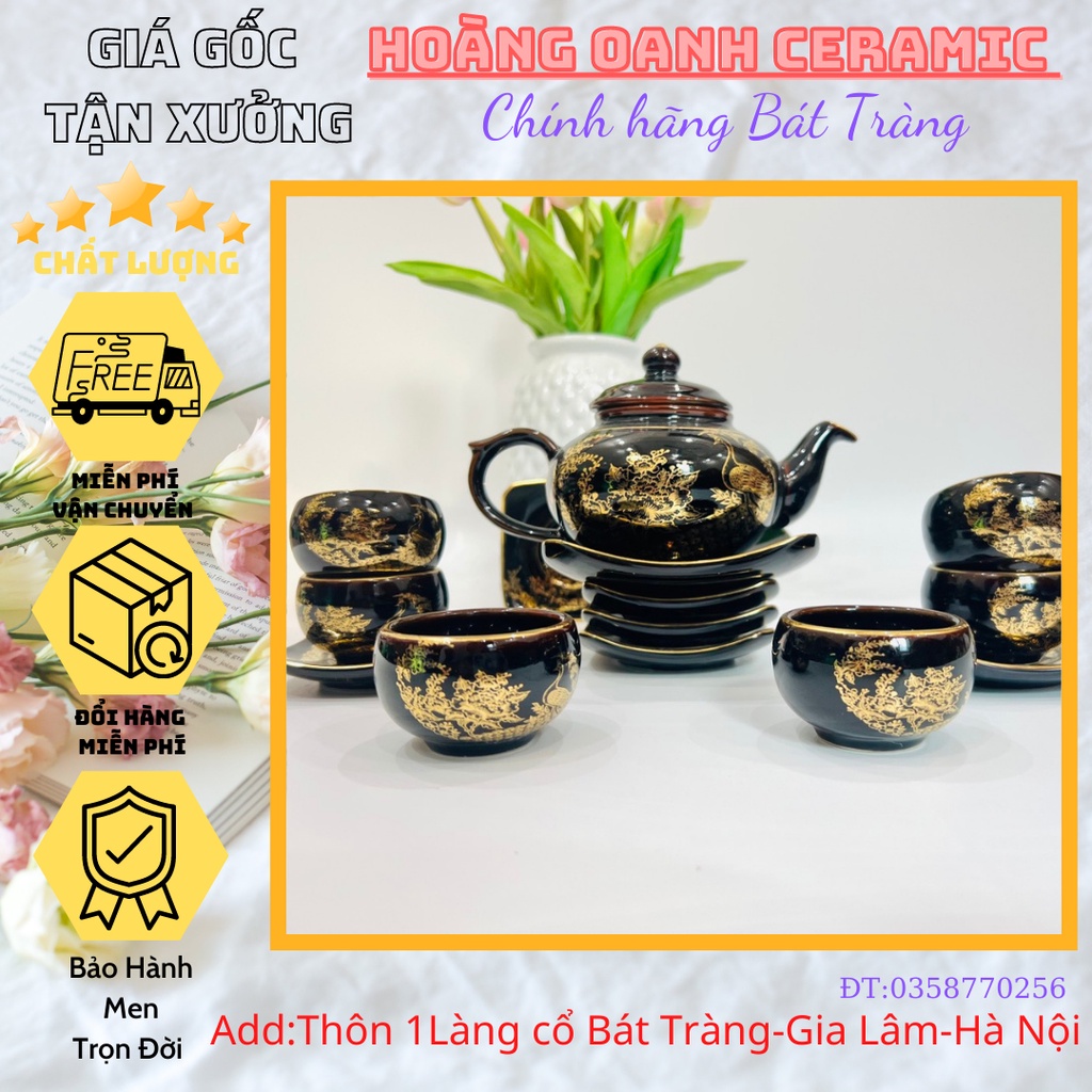 Bộ Ấm Chén Pha Trà-hàng nhà lò chuẩn Bát Tràng-vẽ chim Công,vẽ Làng Quê Việt,men Hoả Biến,viền Vàng-dáng ấm quả Hồng