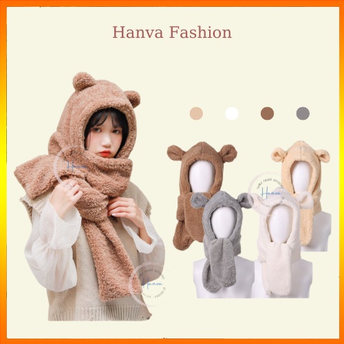 Mũ Len Nữ Lông Cừu Kèm Khăn Choàng Tai Gấu 2 Trong 1 Lông Mềm Mịn Có Bao Tay Giữ Ấm Phong Cách Hàn Quốc Hanva