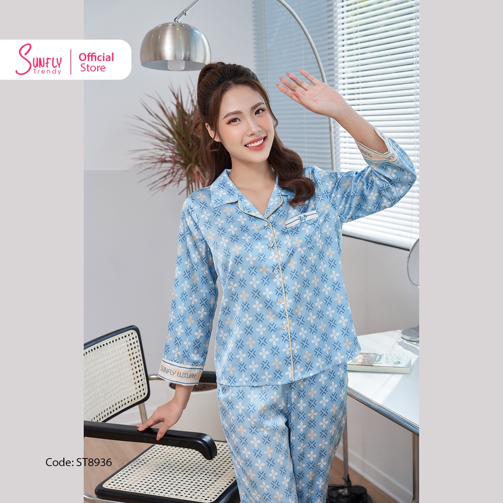 Bộ Đồ Mặc Nhà Nữ Pyjamas Lụa SUNFLY Áo Dài Quần Dài ST8936