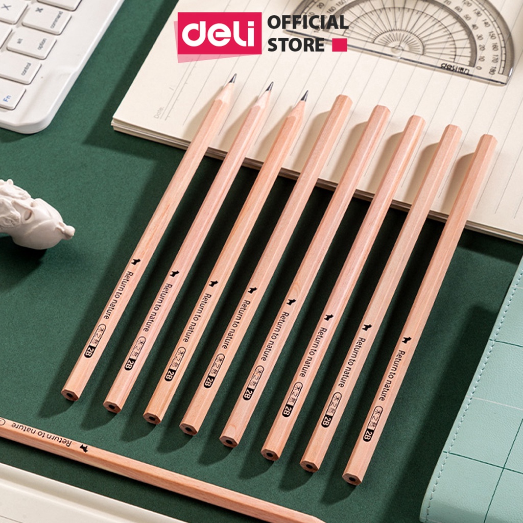 Vỉ 10 bút chì 2B gỗ mộc Deli - vẽ mỹ thuật, làm bài kiểm tra, nhạy với máy chấm thi, phù hợp với học sinh văn phòng