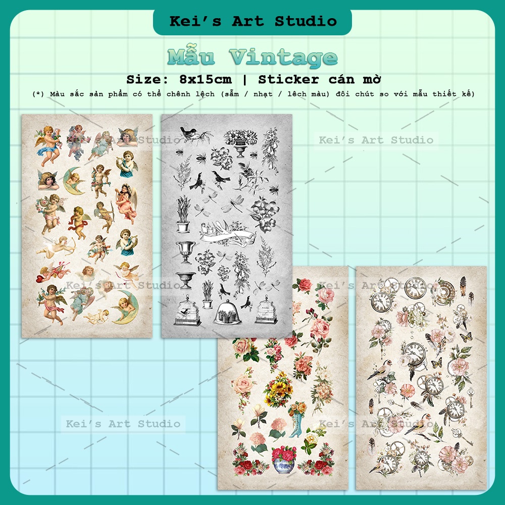 Sticker mẫu retro, vintage, thiên thần, hoa, đồng hồ, chữ, quote trang trí toploader CÁN MỜ