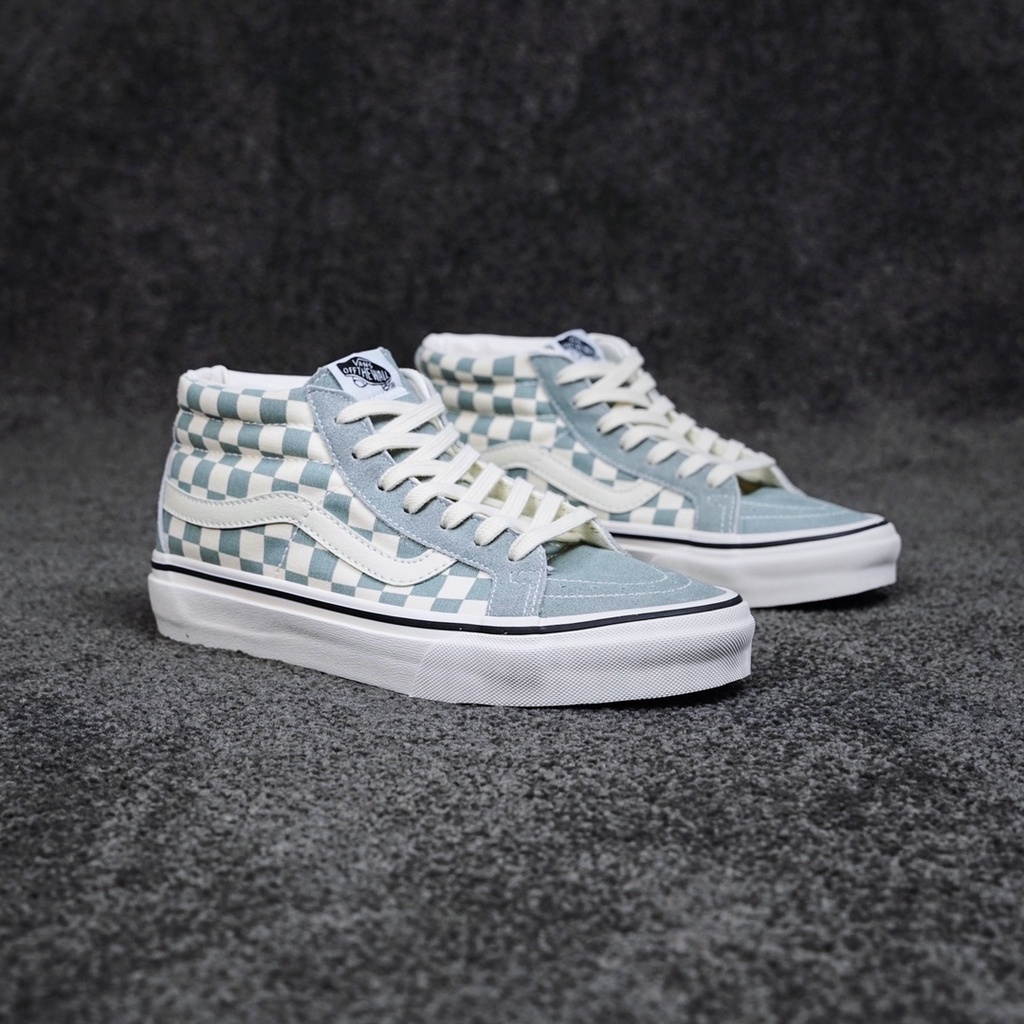 Giày Thể Thao Vans SK8-MID Họa Tiết Kẻ Sọc Ca Rô Màu Xanh Lá Nhạt Phong Cách retro Chống Vi Khuẩn-1898