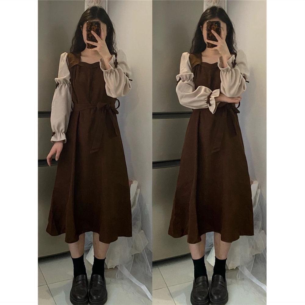 Váy babydoll  chân váy dài Đầm Nữ Dài Tay Cổ Tròn Form Rộng Thời Trang Hàn Mới