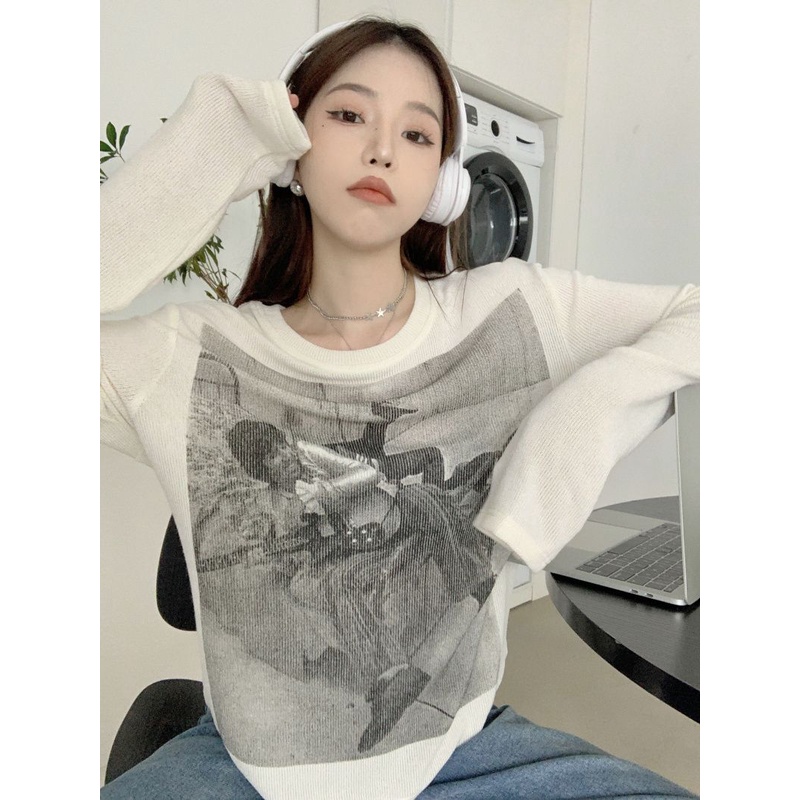 Áo Thun Dệt Kim Tay Dài Dáng Rộng Màu Trắng Thời Trang Xuân Thu Dành Cho Nữ