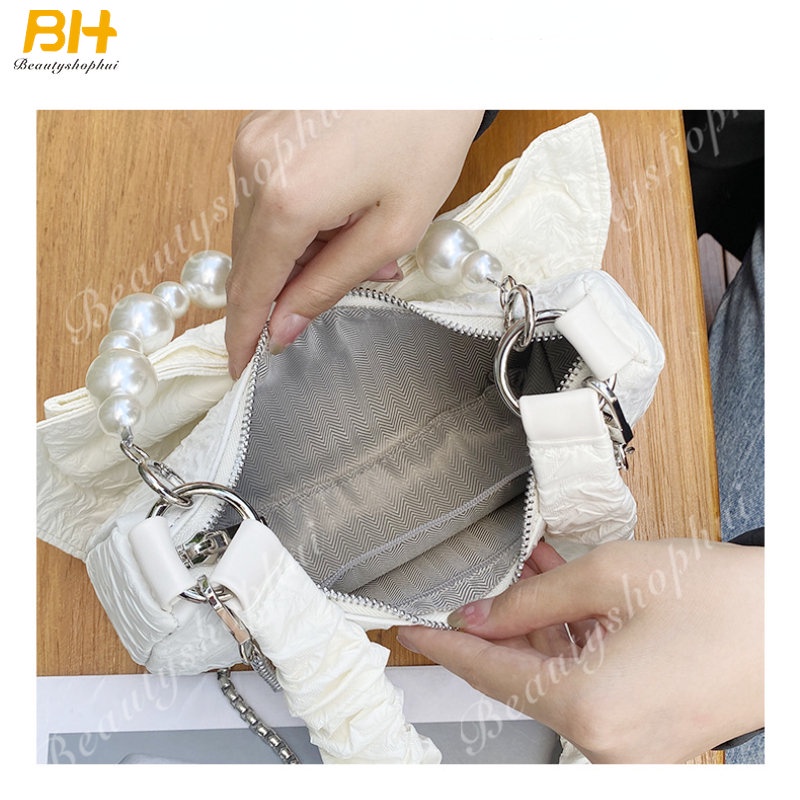 Túi Đeo Chéo Xếp Ly Đính Nơ Ngọc Trai Thời Trang Cho Nữ