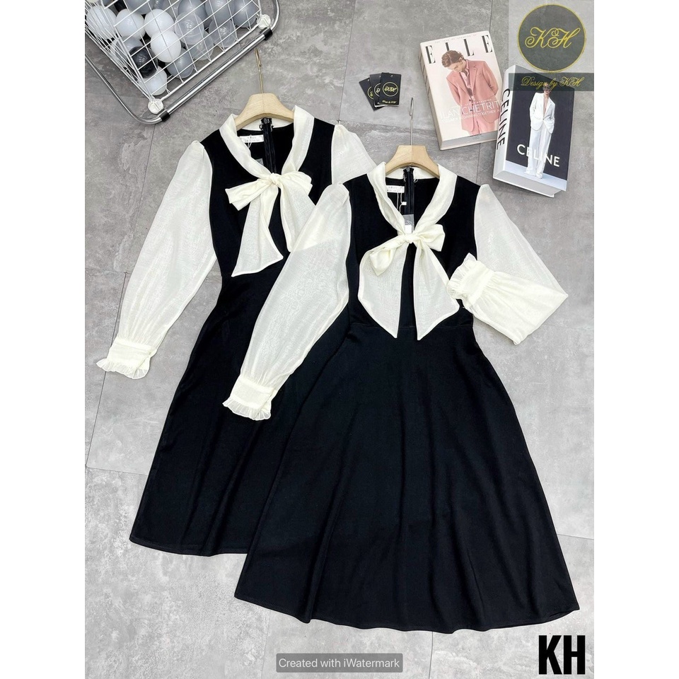 Đầm Xòe Tay Dài Phối Bèo Nơ Cổ