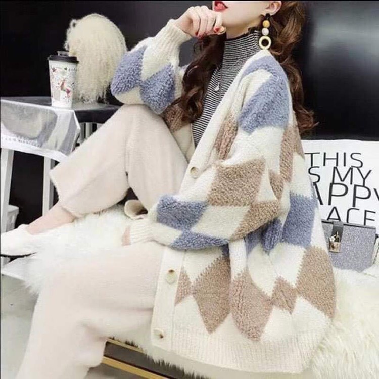 Áo khoác cardigan len nữ họa tiết kim cương  cao cấp hot thu đông