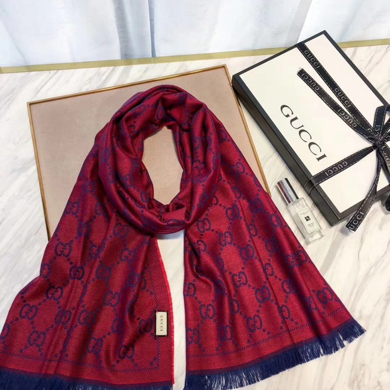 1: 1 Khăn Quàng Cổ Gucci Chất Liệu Cashmere Màu Đỏ Oxblood Kích Thước 180 * 48cm Giữ Ấm Đa Năng Thời Trang Cho Nữ