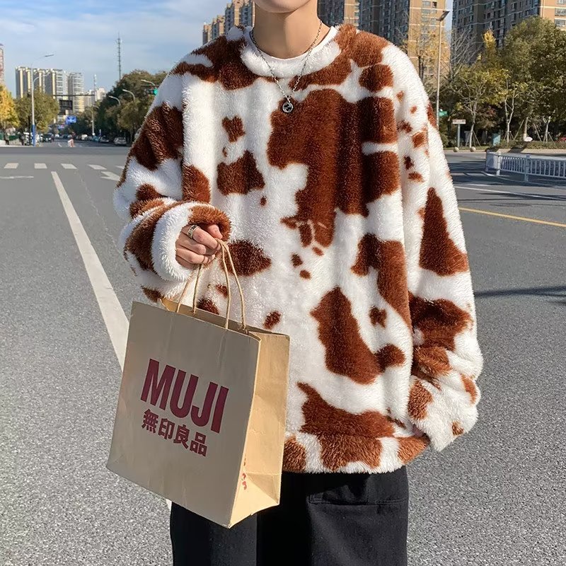 Áo Sweater Lông Cừu Dáng Rộng Họa Tiết Bò Sữa Phong Cách Hàn Quốc Thời Trang Thu Đông Cho Nam