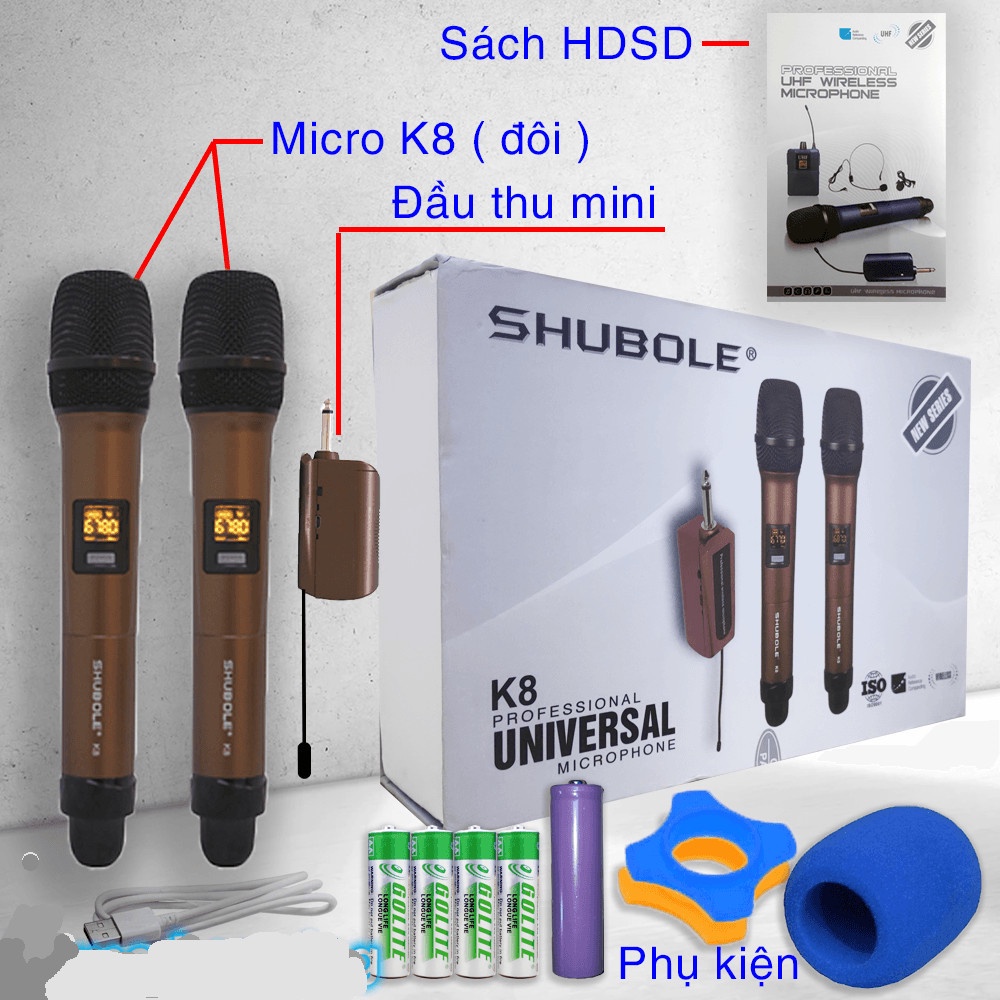 Micro karaoke không dây shubole k8 vỏ micro kim loại chắc chắn hát hay nhẹ tiếng vô địch trong tầm giá