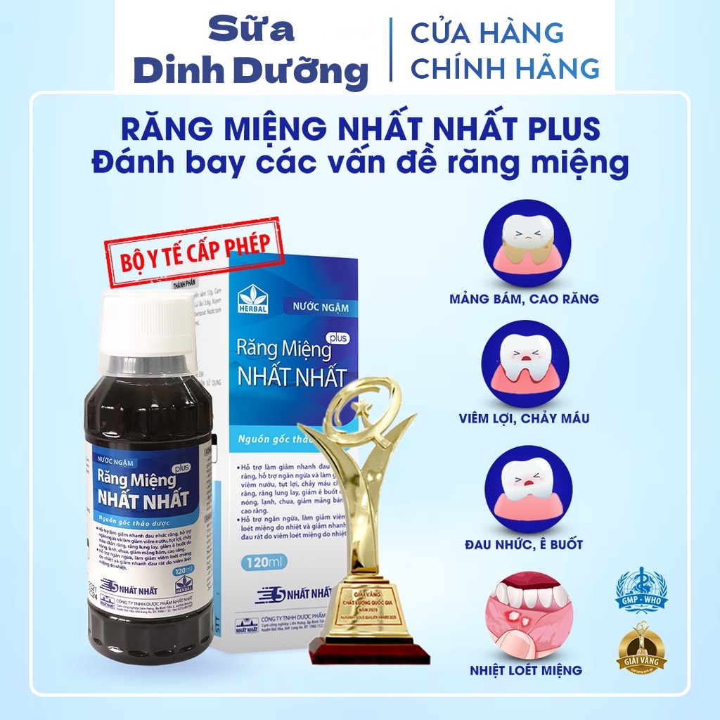 Nước súc miệng, Nước ngậm răng miệng Nhất Nhất Plus - Giúp giảm viêm nướu, Tụt lợi, Nhiệt miệng, Sâu răng - Chai 120 ml