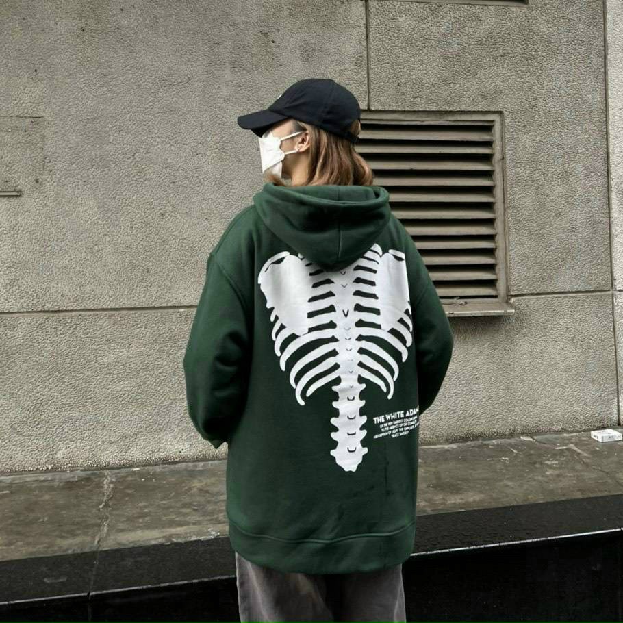 (Sales Freeship 2022) Áo Khoát Hoodie Xanh Lá In Hình XƯƠNG Chất Vải Dày Dặn Ấm Áp From Rộng Nam Nữ Mặc Cực Xinh