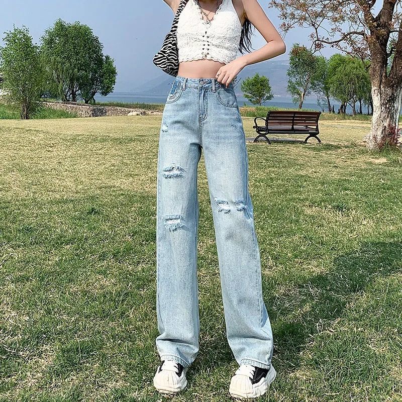 Jiashucheng Quần Jean Dài Lưng Cao Ống Rộng Phối Rách Thời Trang Mùa Hè Cho Nữ