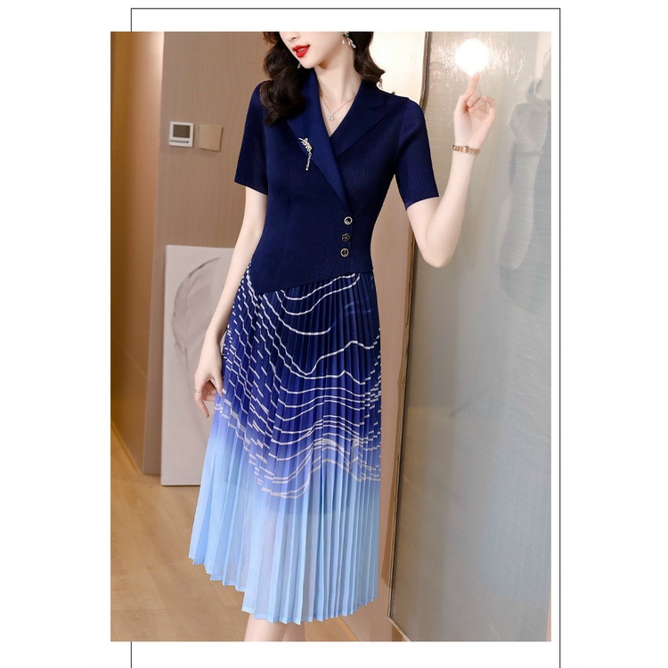 Đầm Suông Cổ Vest - ĐẦM LADY DẬP LY CỔ VEST CHÂN VÁY PHỐI MÀU