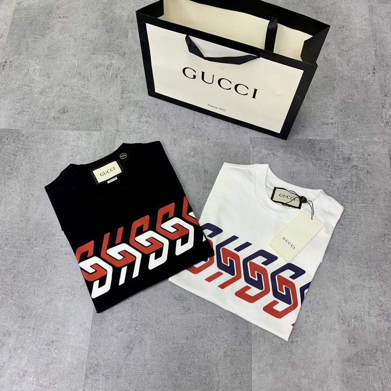 Áo phông nam nữ Premium Cotton in chữ GG móc xích xanh trắng đỏ ngực phong cách đơn giản AP19P