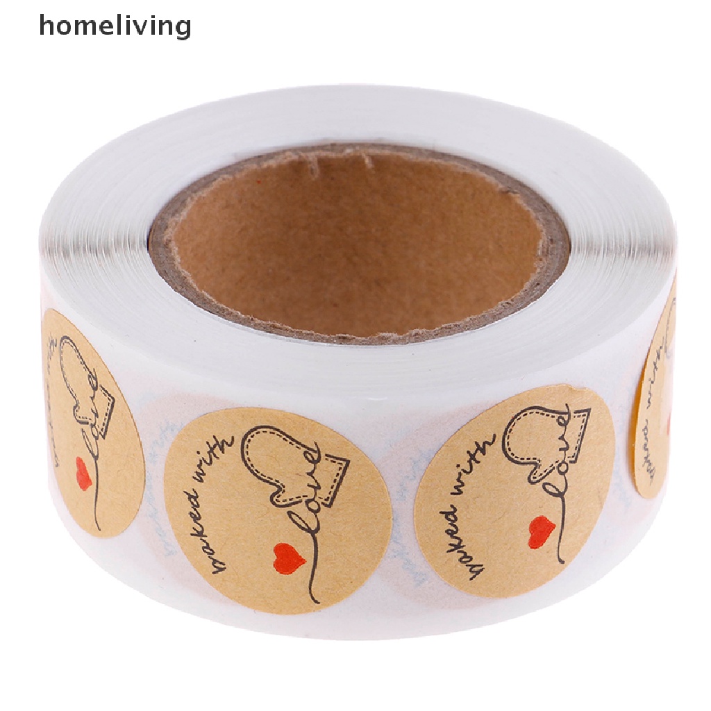 Cuộn 500 Miếng Dán Trang Trí Hình Tròn Bằng Giấy Kraft Tự Nhiên In Chữ Baked with Love