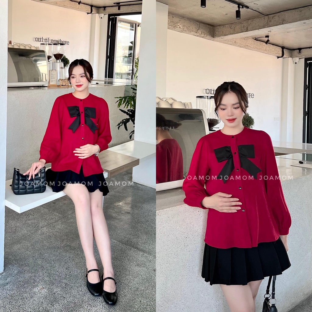 Áo sơ mi bầu dạ đỏ phối cách điệu cao cấp Joamom Ab133