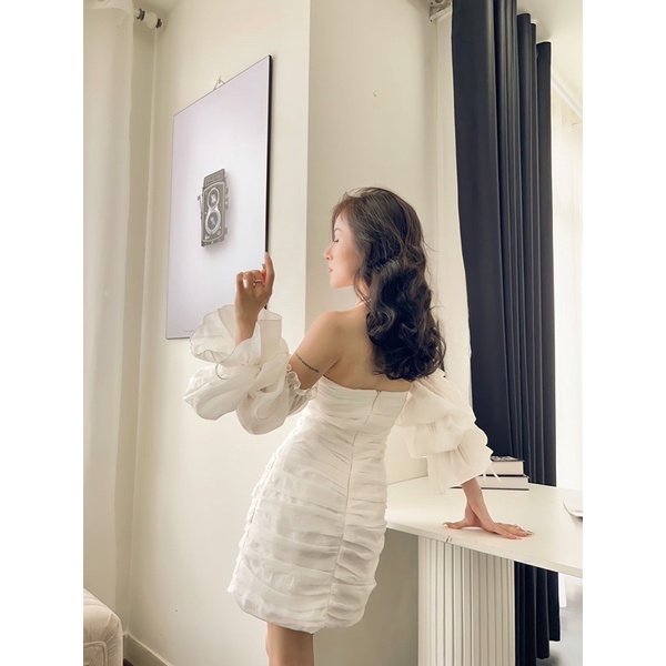 Mell02 dress - Váy tơ xước trắng nhún Onmellem