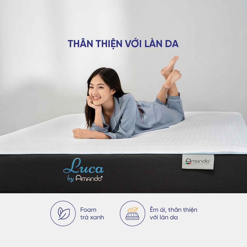 Nệm Memory foam Amando Luca 25cm tại Vua Nệm - Kết hợp hoàn hảo từ than tre, gel lạnh và trà xanh tạo cảm giác dễ chịu