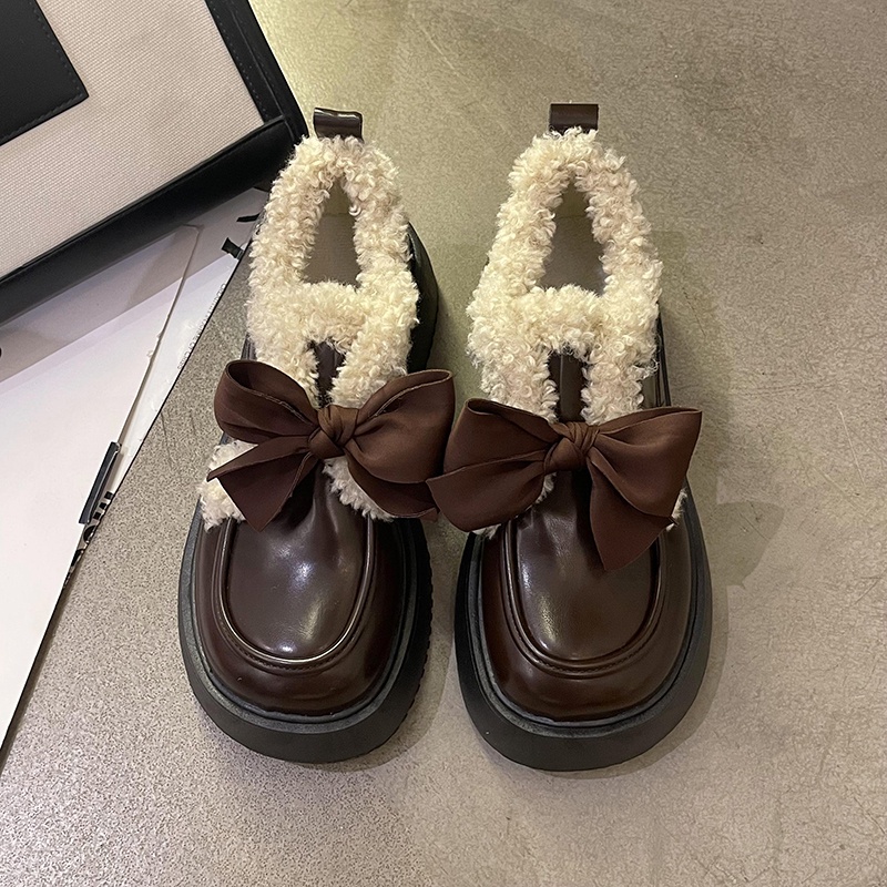 Giày Da Lót Lông Cừu Mũi Tròn Phong Cách Anh Quốc Thời Trang Cho Nữ