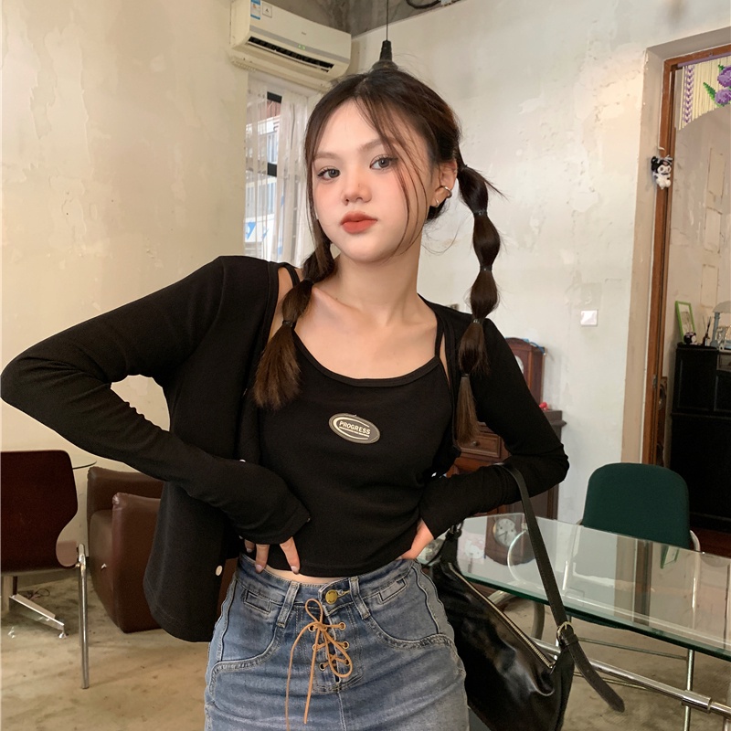 IELGY    Bộ Áo cardigan Dài Tay Ôm Dáng + Quần Yếm Xinh Xắn Theo Phong Cách Hàn Quốc Dành Cho Nữ